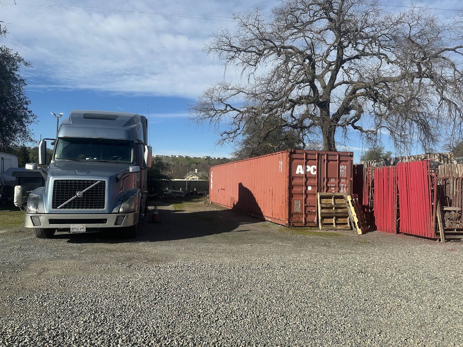 Semi truck and shipping containers stored at the Rocklin yard